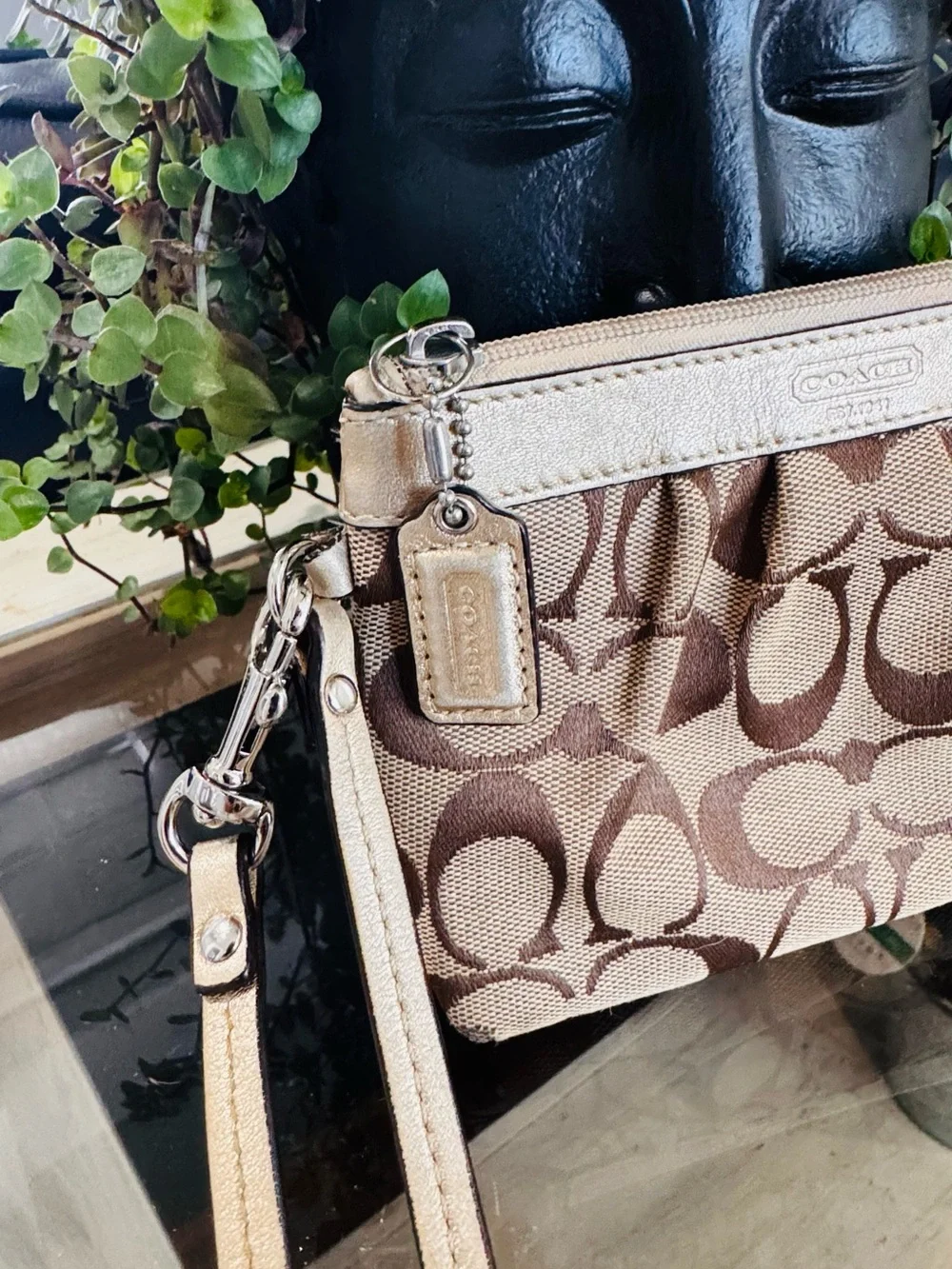 Coach Beige and Brown Signature Wristlet Clutch